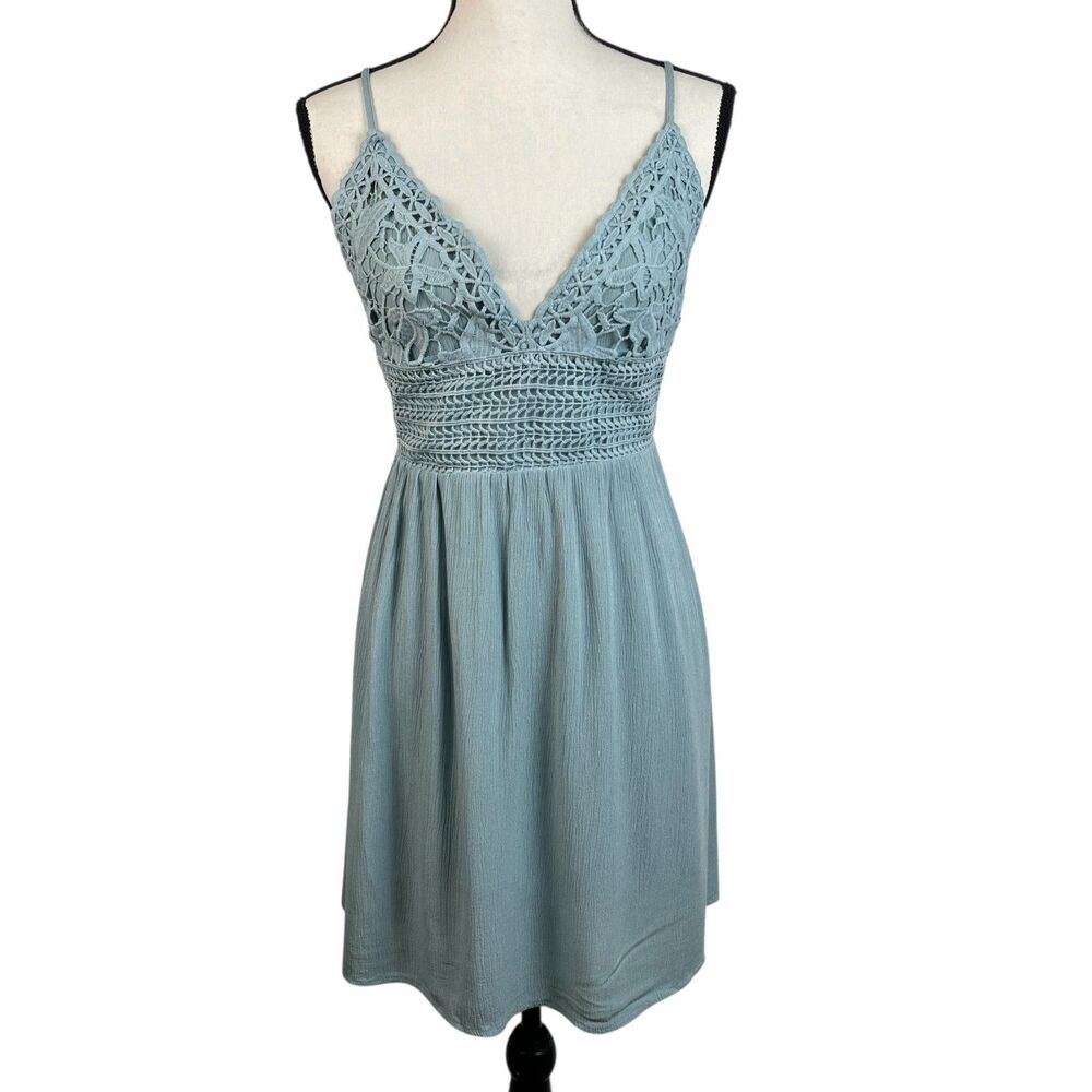 Ocean Drive Women’s Mini Dress Large Blue Crochet Tie Back Sleeveless V-Neck
